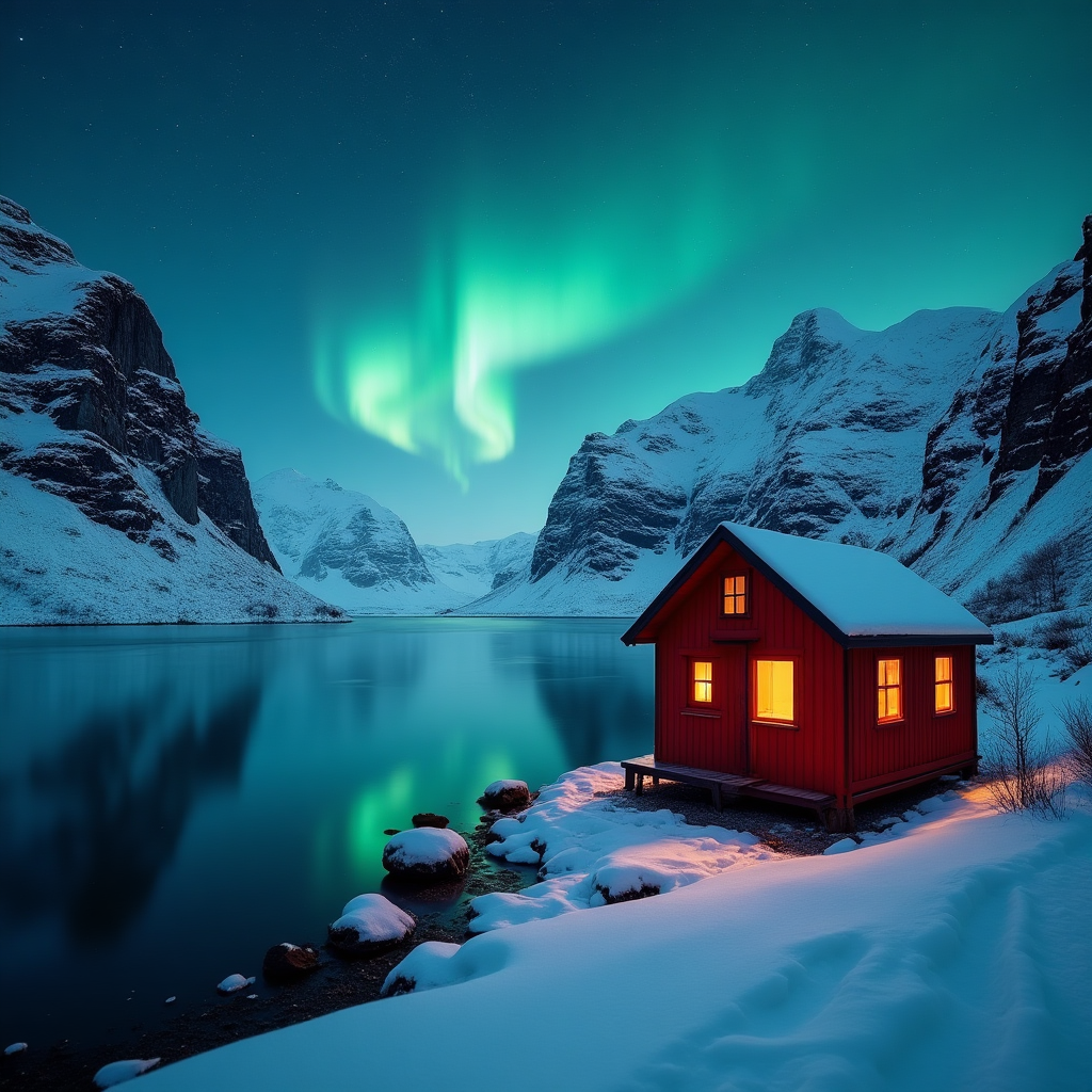 Red cabin on a frozen fjord under green aurora