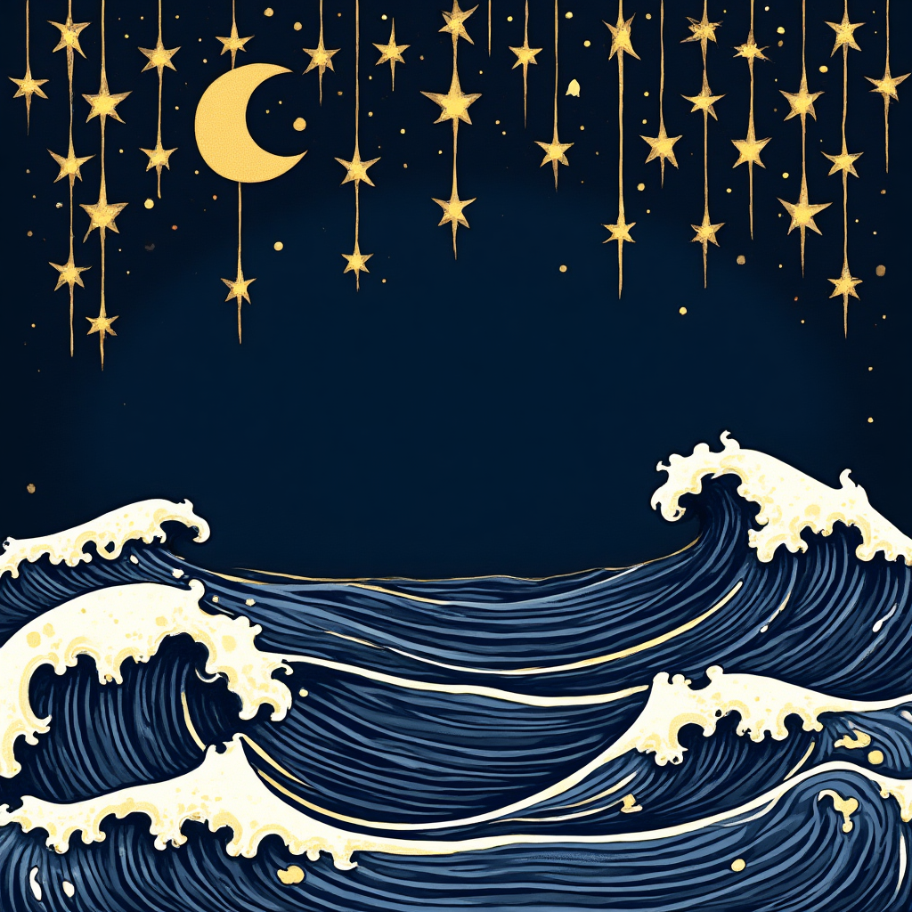 Golden stars and crescent moon above an illustrated indigo ocean