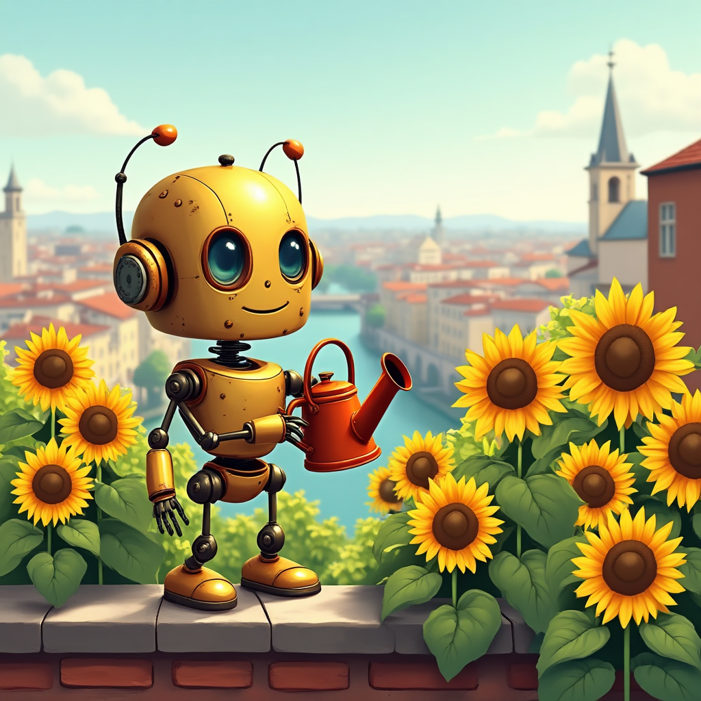 Friendly brass robot tending sunflowers