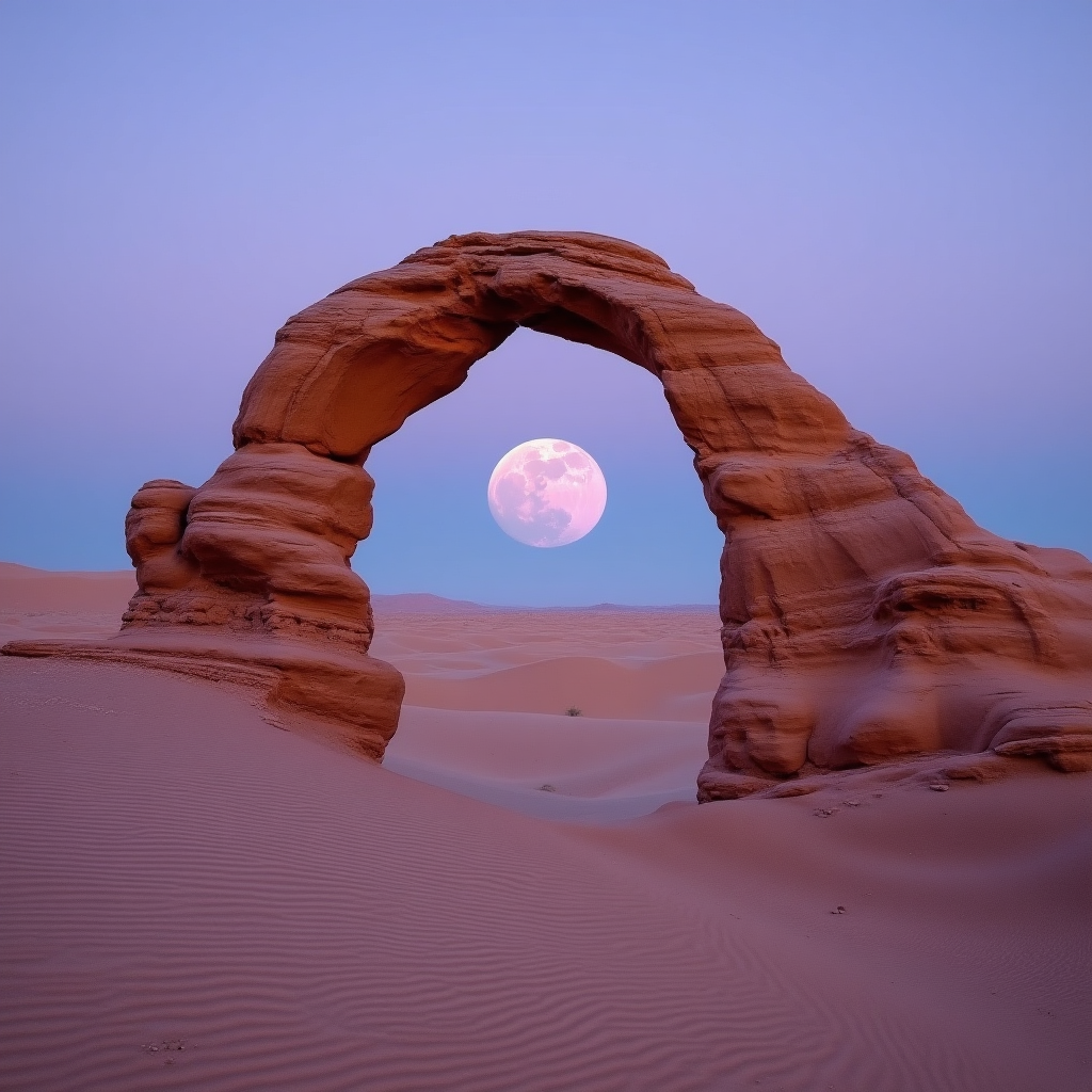 Rose-colored sandstone arch with a pale moon over a desert