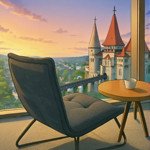 Anime-styled chair, table and castle view, UniCache edited output