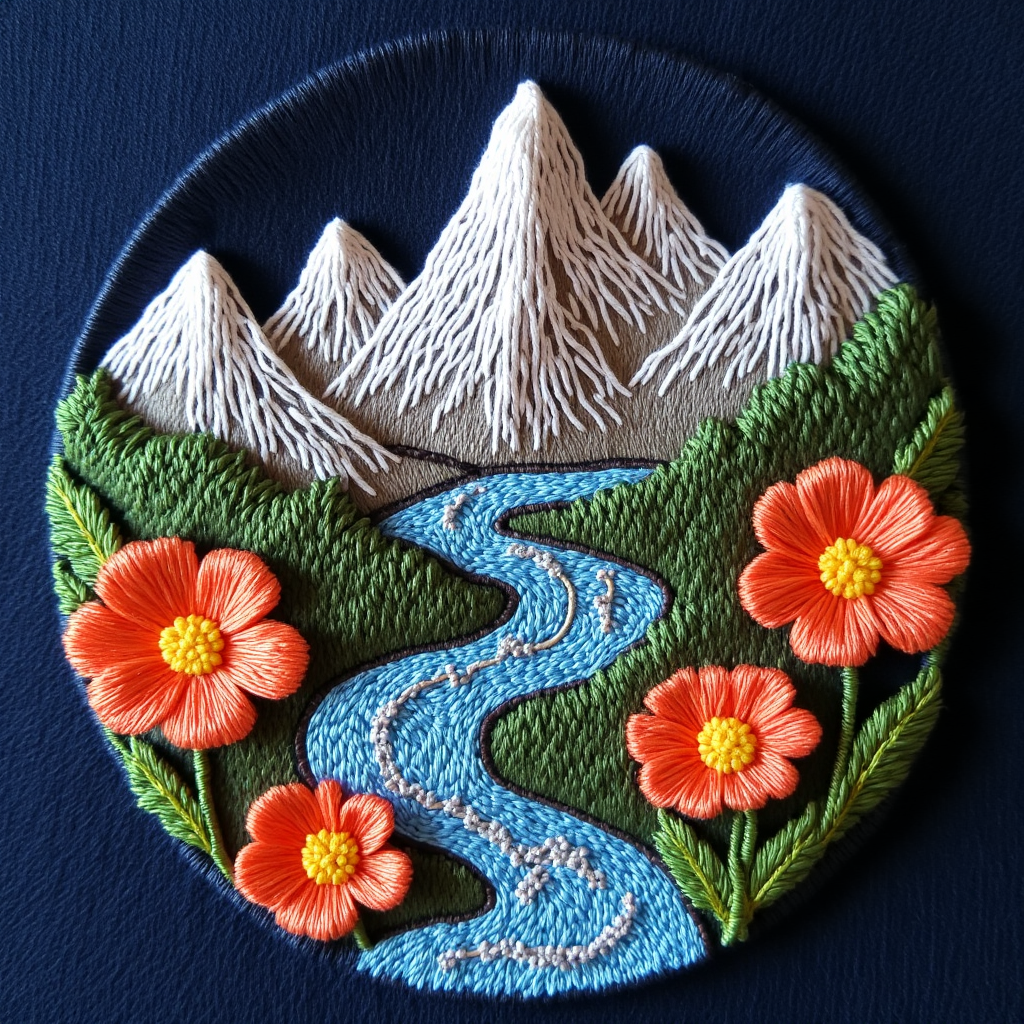 Embroidered mountain landscape with flowers