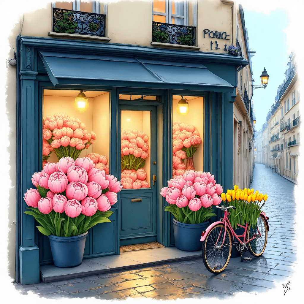Flower shop on a rainy Paris street