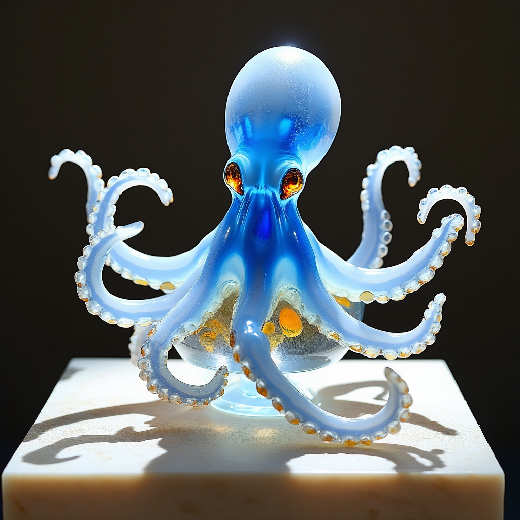 Translucent blue glass octopus sculpture