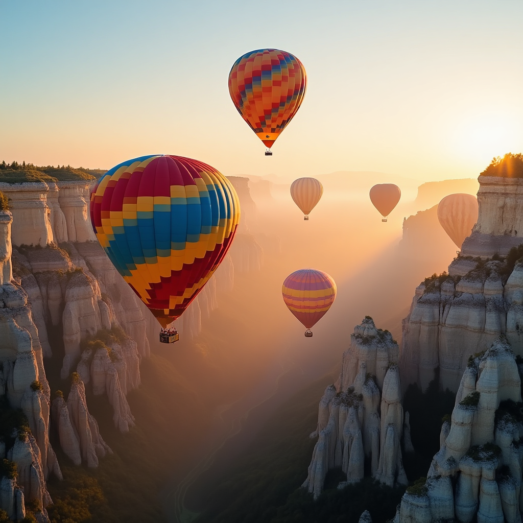 Colorful hot air balloons rising over a rocky valley at sunrise