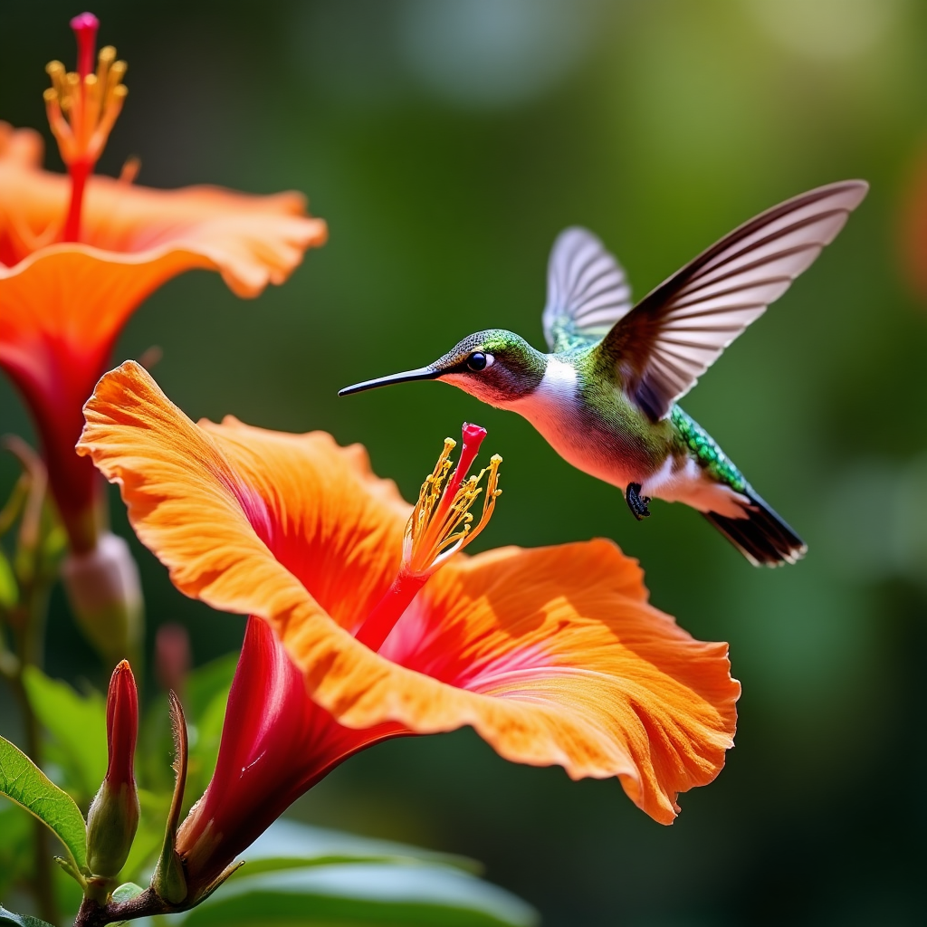 Hummingbird beside an orange hibiscus flower