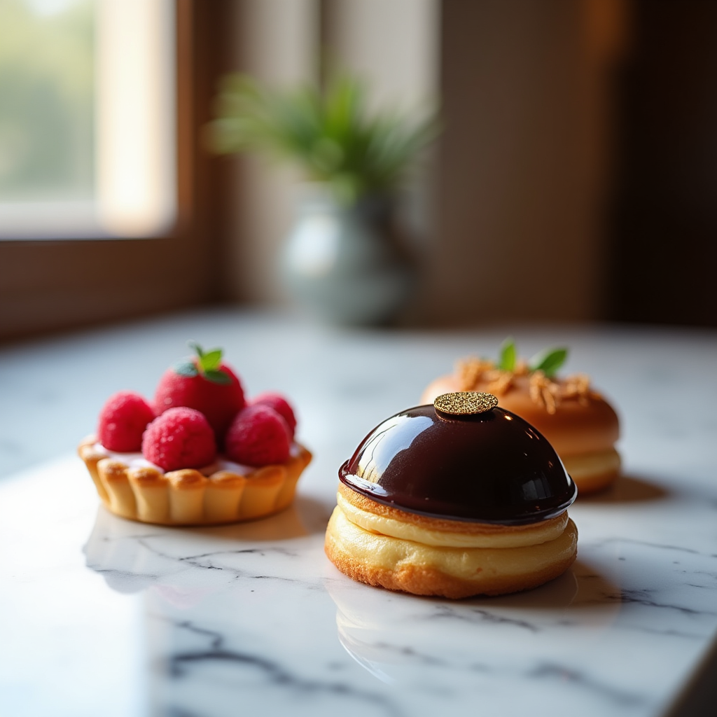 Three pastries on a marble counter