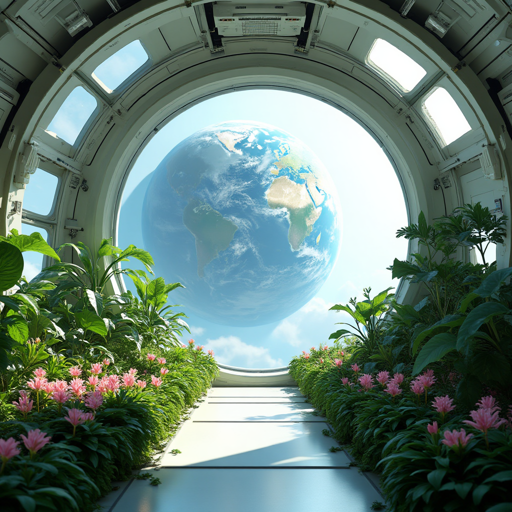 Botanical garden inside a space station with Earth visible through the window