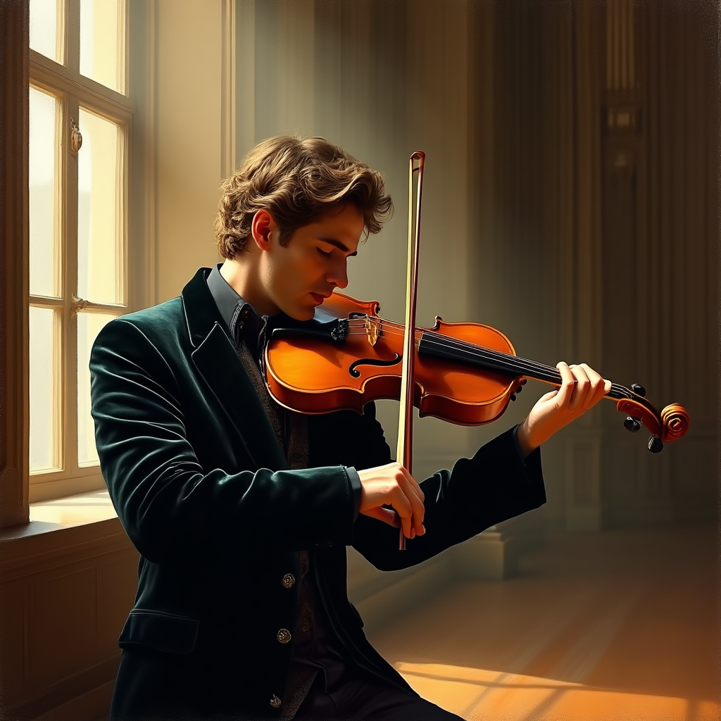Violinist playing in warm window light